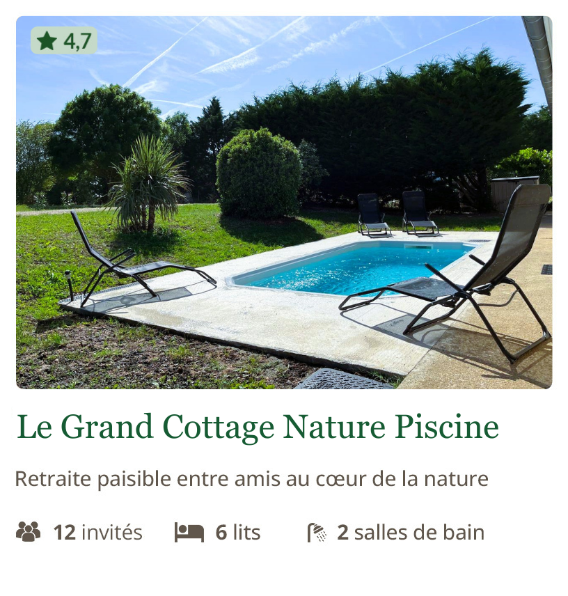 Grand Cottage Nature Bien Etre vacance airbnb, 12 invités, 6 lits et 2 salles de bain