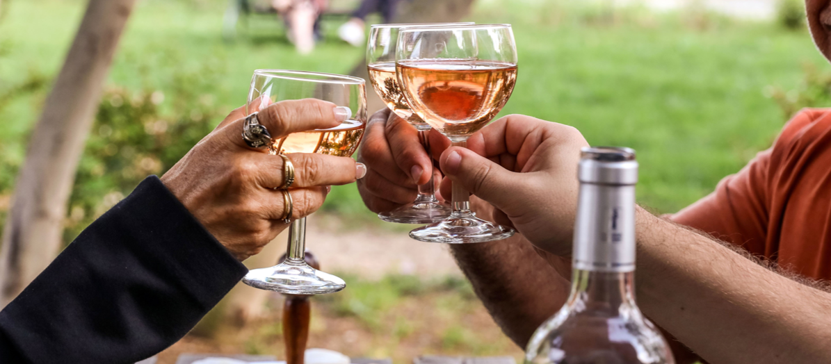 image avec 3 personnes trinquant avec des verres à pieds pour le gaillac primeur